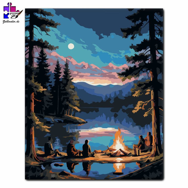 Nächtliches Lagerfeuer am Seeufer | Malen nach Zahlen-Zahlmaler.de