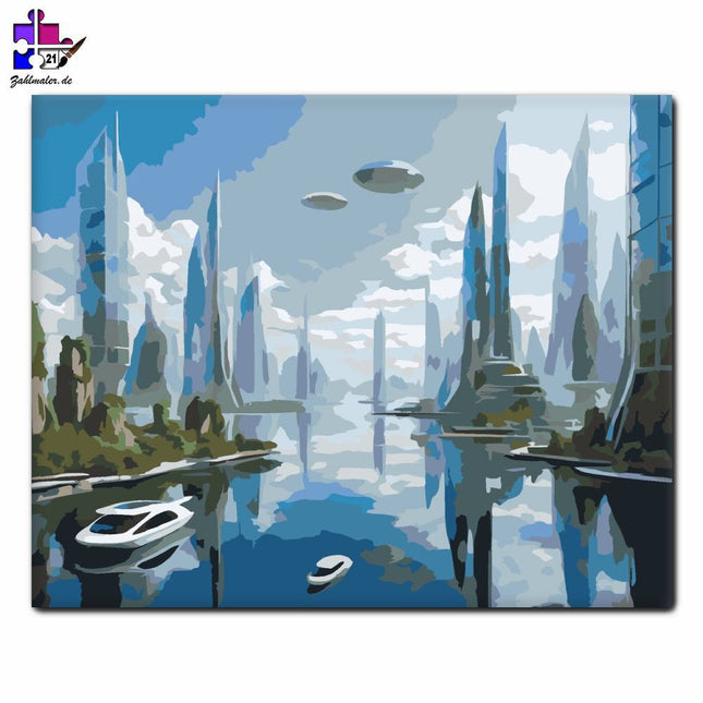 Zukunft Schwimmende Stadt | Malen nach Zahlen-Zahlmaler.de