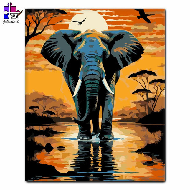 Elefant bei Sonnenuntergang am Fluss | Malen nach Zahlen-Zahlmaler.de