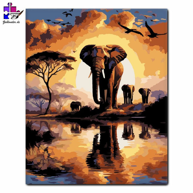 Elefanten bei Sonnenuntergang am Flussufer | Malen nach Zahlen-Zahlmaler.de