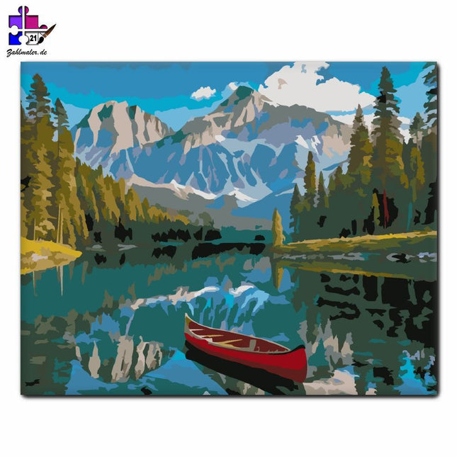 Bergsee mit rotem Kanu | Malen nach Zahlen-Zahlmaler.de