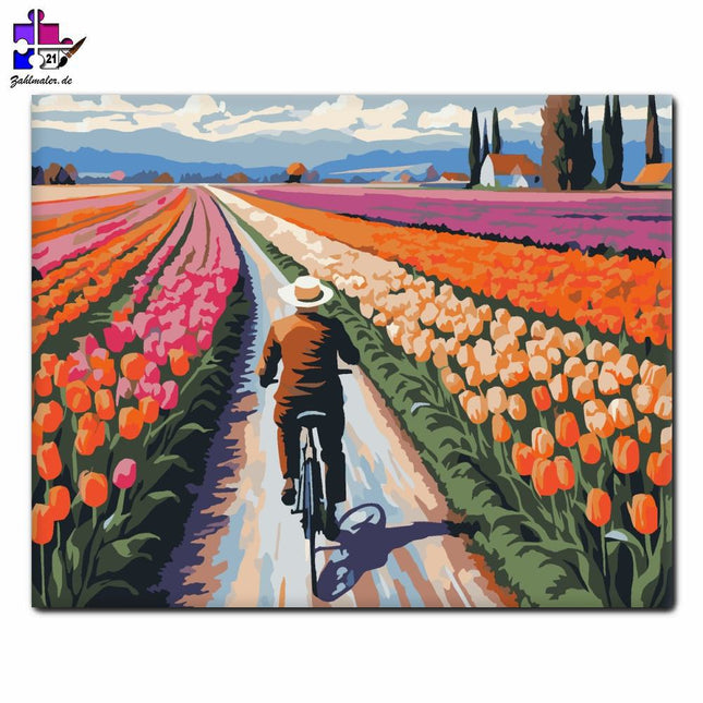 Radfahrer auf dem Tulpenweg | Malen nach Zahlen-Zahlmaler.de
