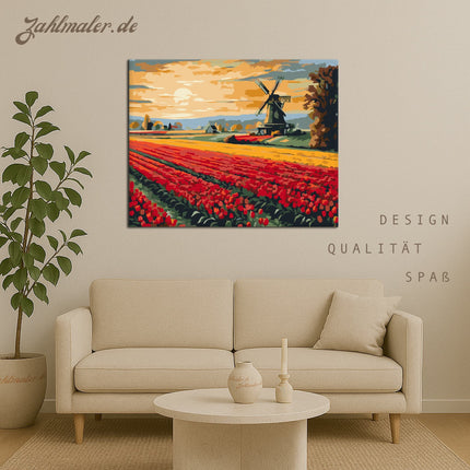 Sonnenaufgang auf dem Tulpenfeld mit Windmühle | Malen nach Zahlen-Zahlmaler.de