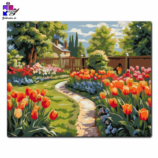 Ländlicher Tulpengarten mit Schmetterlingen | Malen nach Zahlen-Zahlmaler.de