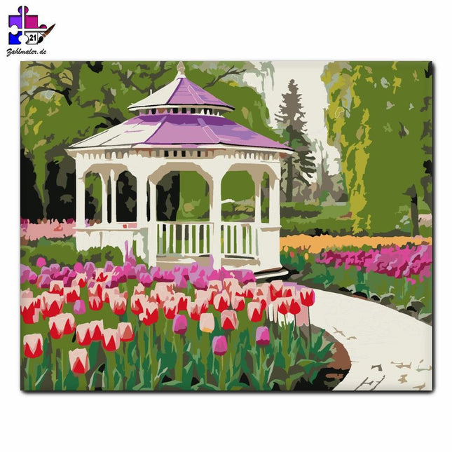 Blühender Tulpengarten mit hölzernem Pavillon | Malen nach Zahlen-Zahlmaler.de