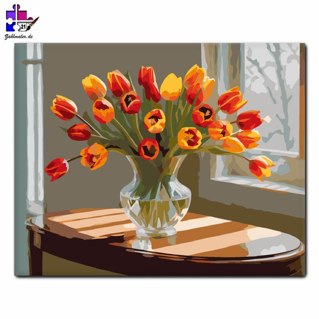 Oranger und roter Tulpenstrauß | Malen nach Zahlen-Zahlmaler.de