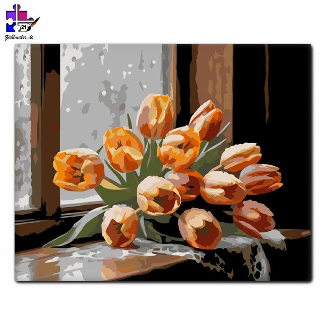 Feuchter Tulpenstrauß auf der Fensterbank | Malen nach Zahlen-Zahlmaler.de