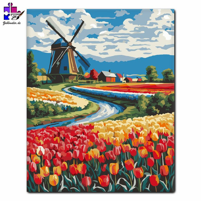 Buntes Tulpenfeld mit Windmühle | Malen nach Zahlen-Zahlmaler.de