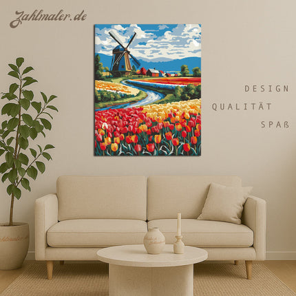 Buntes Tulpenfeld mit Windmühle | Malen nach Zahlen-Zahlmaler.de