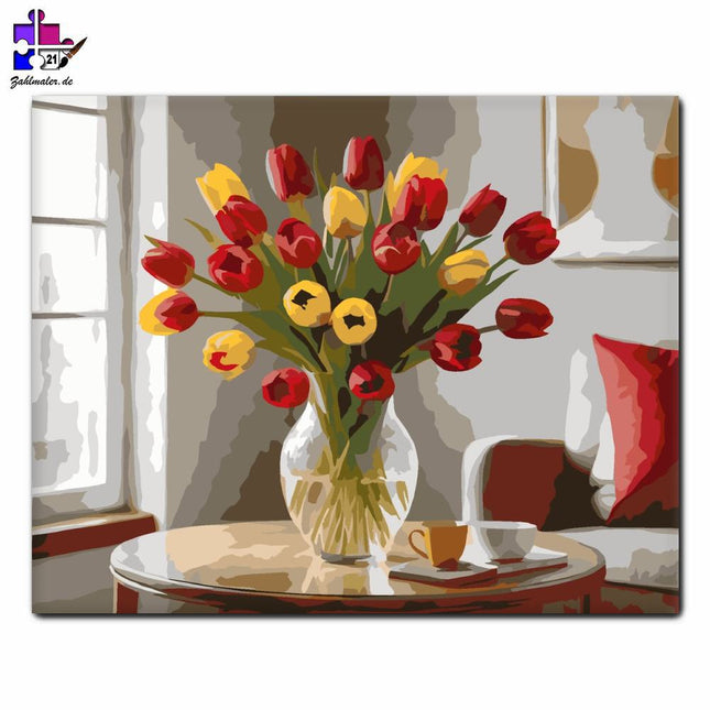 Roter und gelber Tulpenstrauß | Malen nach Zahlen-Zahlmaler.de