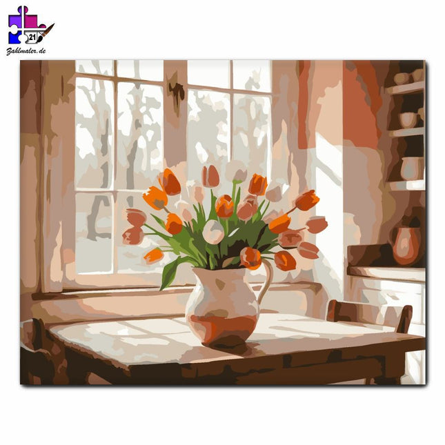 Gemischter Tulpenstrauß in der Landhausküche | Malen nach Zahlen-Zahlmaler.de