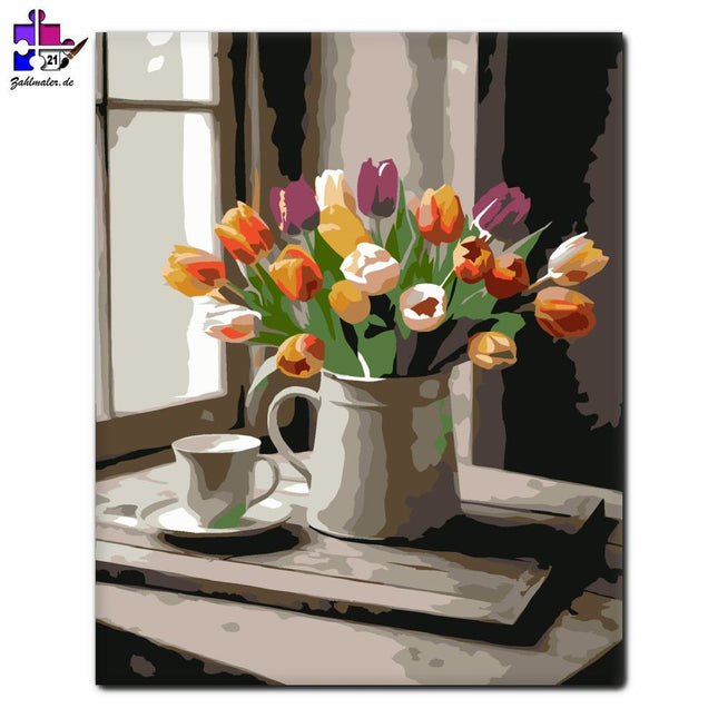 Bunte Tulpen in Kannen | Malen nach Zahlen-Zahlmaler.de