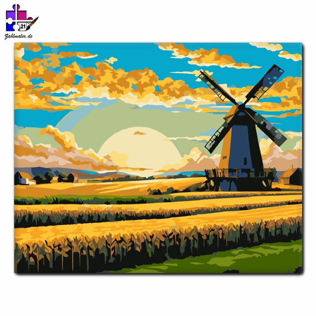 Sonnenuntergang im Weizenfeld mit Windmühle | Malen nach Zahlen-Zahlmaler.de