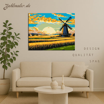 Sonnenuntergang im Weizenfeld mit Windmühle | Malen nach Zahlen-Zahlmaler.de