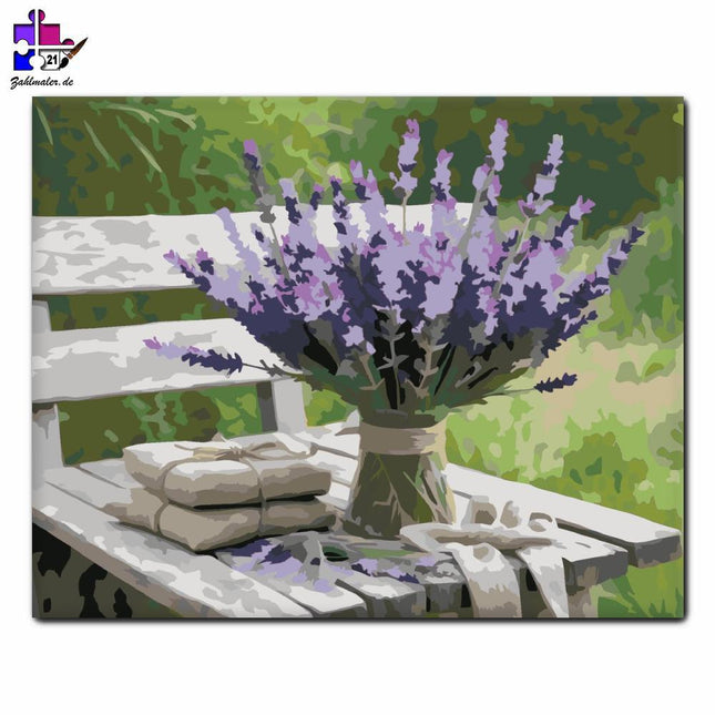 Lavendelstrauß auf der Gartenbank | Malen nach Zahlen-Zahlmaler.de