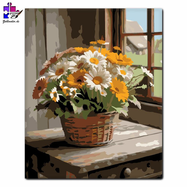 Margareten und Gerbera im Korb | Malen nach Zahlen-Zahlmaler.de
