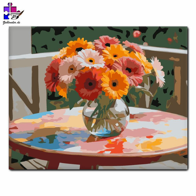 Bunte Gerbera auf dem Gartentisch | Malen nach Zahlen-Zahlmaler.de