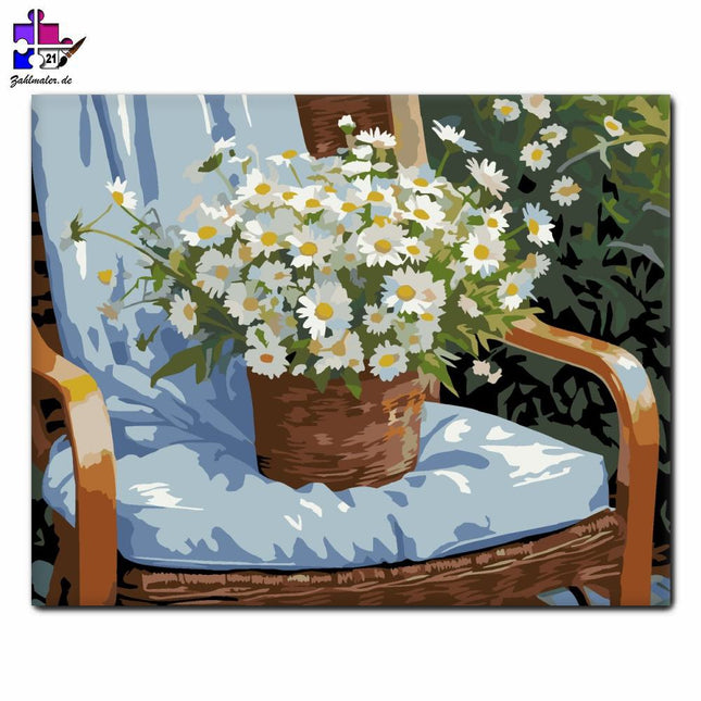 Weiße Margaritas im Gartenstuhl | Malen nach Zahlen-Zahlmaler.de