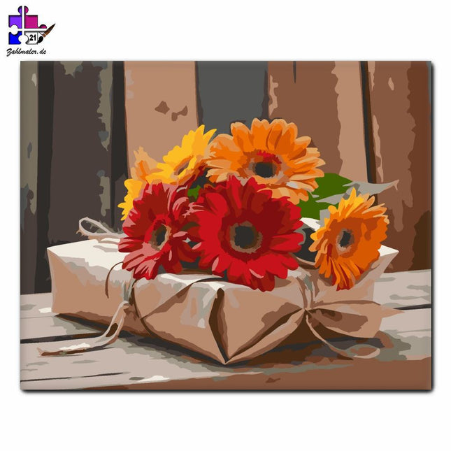 Bunter Gerbera-Strauß | Malen nach Zahlen-Zahlmaler.de