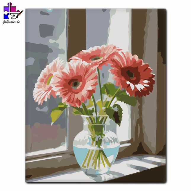 Rosa Gerbera im Fenster | Malen nach Zahlen-Zahlmaler.de