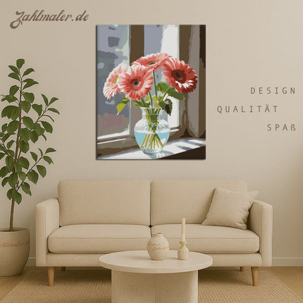 Rosa Gerbera im Fenster | Malen nach Zahlen-Zahlmaler.de