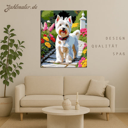 West Highland White Terrier auf dem Gartenpfad | Malen nach Zahlen-Zahlmaler.de
