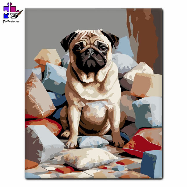 Mops zwischen den Kissen | Malen nach Zahlen-Zahlmaler.de