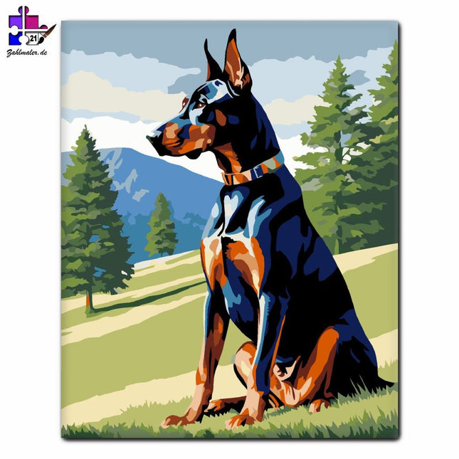 Dobermann Pinscher auf der Hügelkuppe | Malen nach Zahlen-Zahlmaler.de