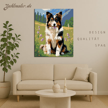 Collie-Welpe im Wildblumenfeld | Malen nach Zahlen-Zahlmaler.de