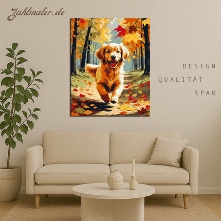 Golden Retriever Welpe im Herbstwald | Malen nach Zahlen-Zahlmaler.de