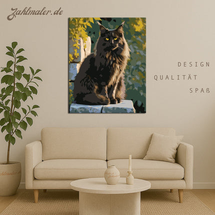 Schwarze Maine Coon Steinmauer | Malen nach Zahlen-Zahlmaler.de