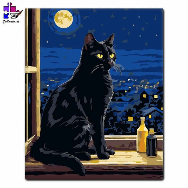 Nachtschwarze Katze im Fenster | Malen nach Zahlen-Zahlmaler.de