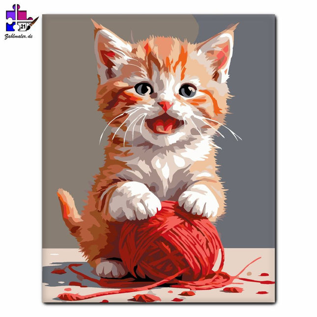 Verspieltes rotes Kätzchen mit rotem Garn | Malen nach Zahlen-Zahlmaler.de