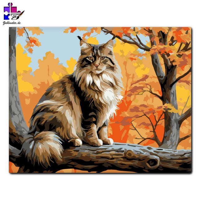 Norwegische Waldkatze auf Herbstbergen | Malen nach Zahlen-Zahlmaler.de