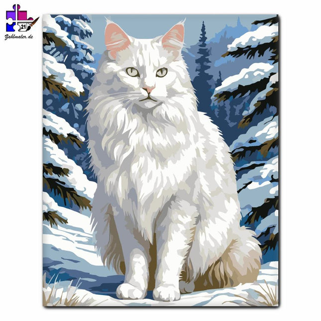 Schneewittchen Türkisch Angora im Wintergarten | Malen nach Zahlen-Zahlmaler.de