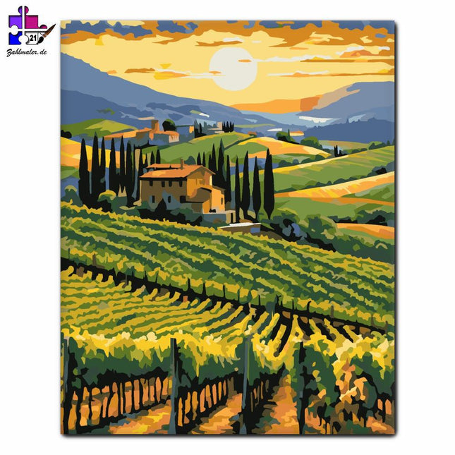 Sonnenuntergang im toskanischen Weinberg | Malen nach Zahlen-Zahlmaler.de