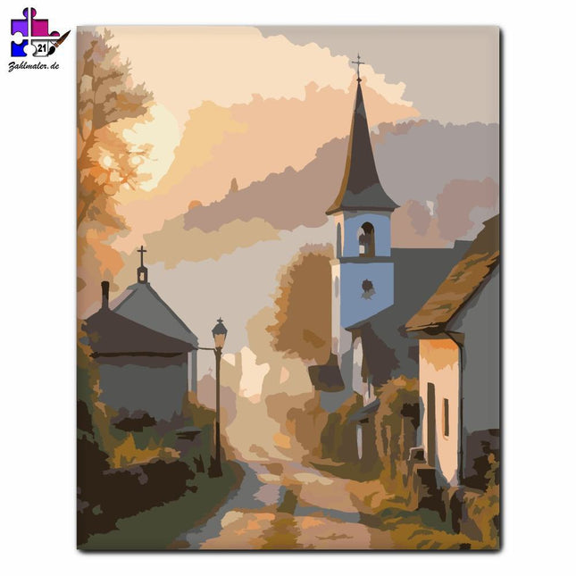 Sonnenaufgang im Dorf | Malen nach Zahlen-Zahlmaler.de