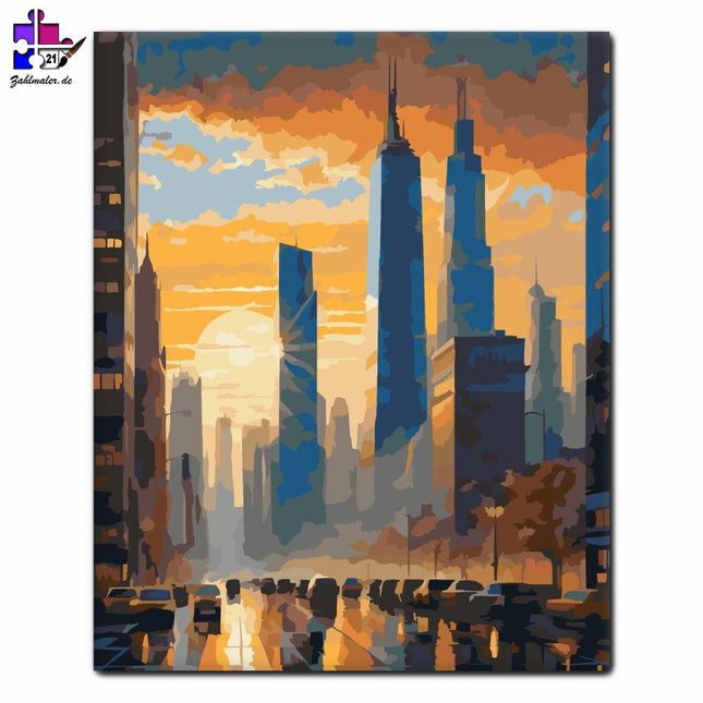 Sonnenaufgang über der Stadt | Malen nach Zahlen-Zahlmaler.de