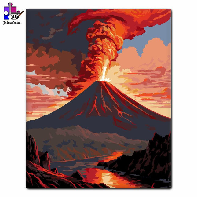 Sonnenaufgang über einem ausbrechenden Vulkan | Malen nach Zahlen-Zahlmaler.de