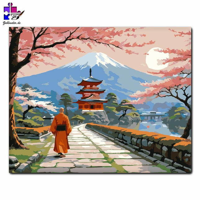 Sonnenaufgang am alten japanischen Tempel | Malen nach Zahlen-Zahlmaler.de