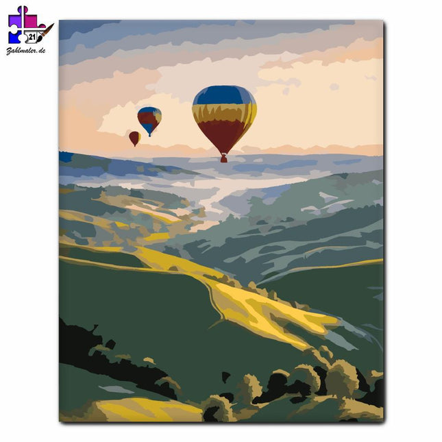 Sonnenaufgang mit Heißluftballons über den Hügeln | Malen nach Zahlen-Zahlmaler.de