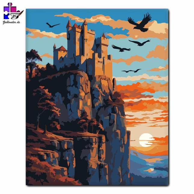 Mystischer Sonnenuntergang an der alten Burg | Malen nach Zahlen-Zahlmaler.de