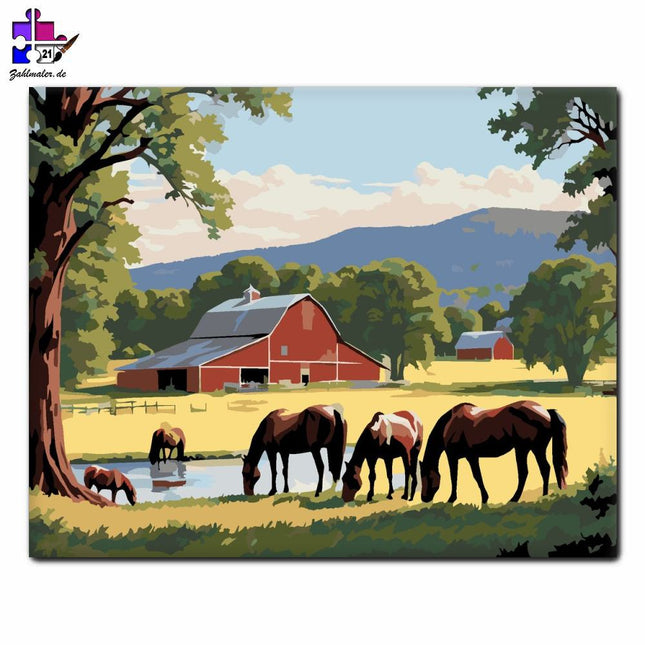 Weidepferde und rote Scheune | Malen nach Zahlen-Zahlmaler.de