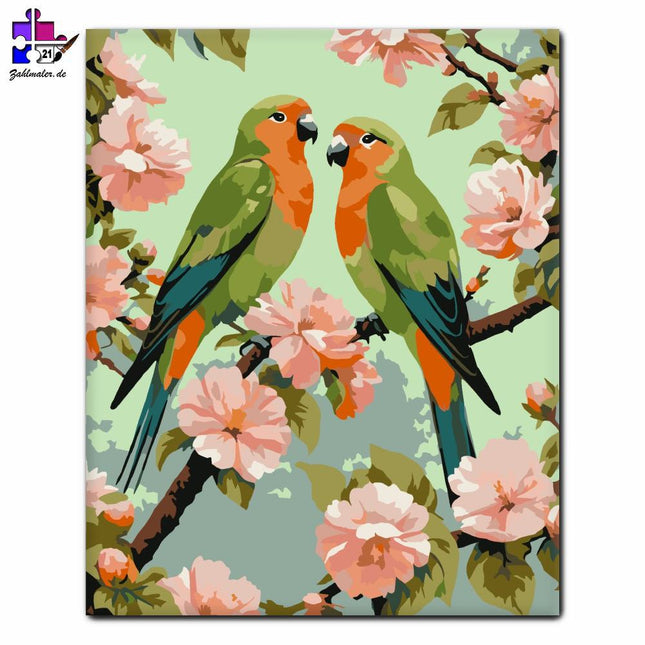 Ein verliebtes Vogelpaar auf dem Flowering Branch | Malen nach Zahlen-Zahlmaler.de
