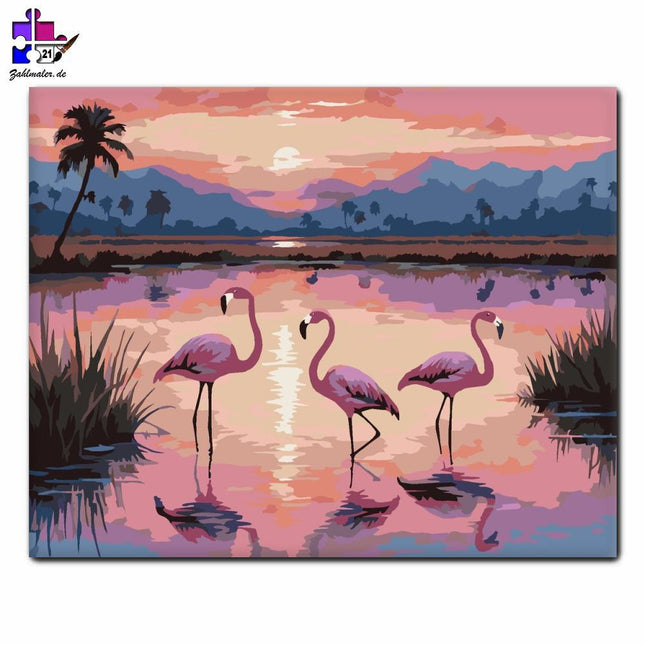 Flamingos im Sonnenaufgang | Malen nach Zahlen-Zahlmaler.de