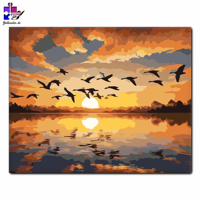 Wandernde Gänseschar bei Sonnenuntergang | Malen nach Zahlen-Zahlmaler.de
