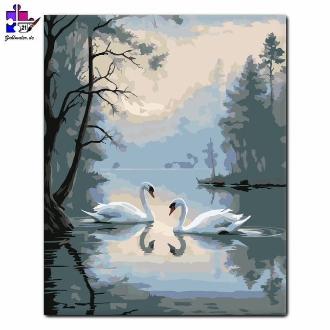 Schwäne auf dem nebligen See | Malen nach Zahlen-Zahlmaler.de