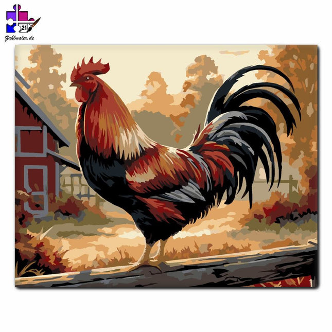 Stolzer Hahn auf dem Bauernhof | Malen nach Zahlen-Zahlmaler.de