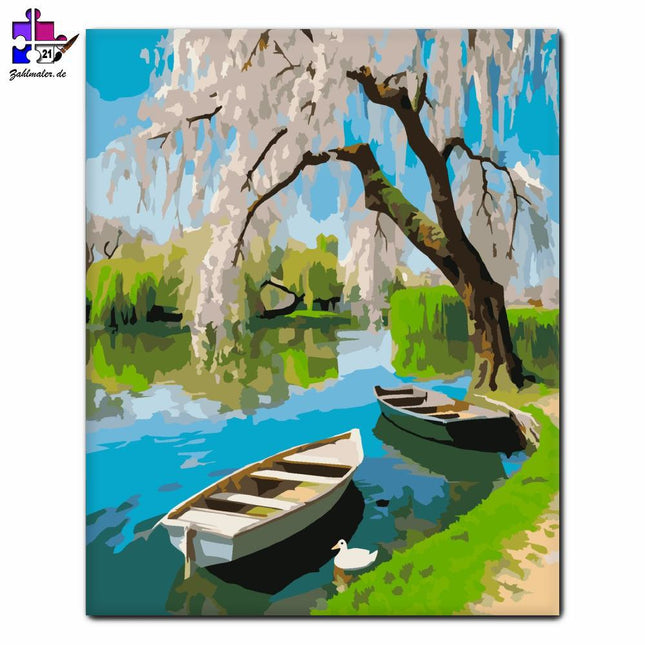 Frühlingsfluss mit Kirschbaum | Malen nach Zahlen-Zahlmaler.de