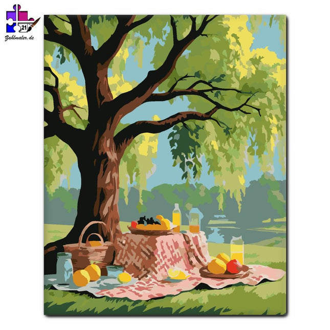 Frühlingspicknick unter dem Weidenbaum | Malen nach Zahlen-Zahlmaler.de